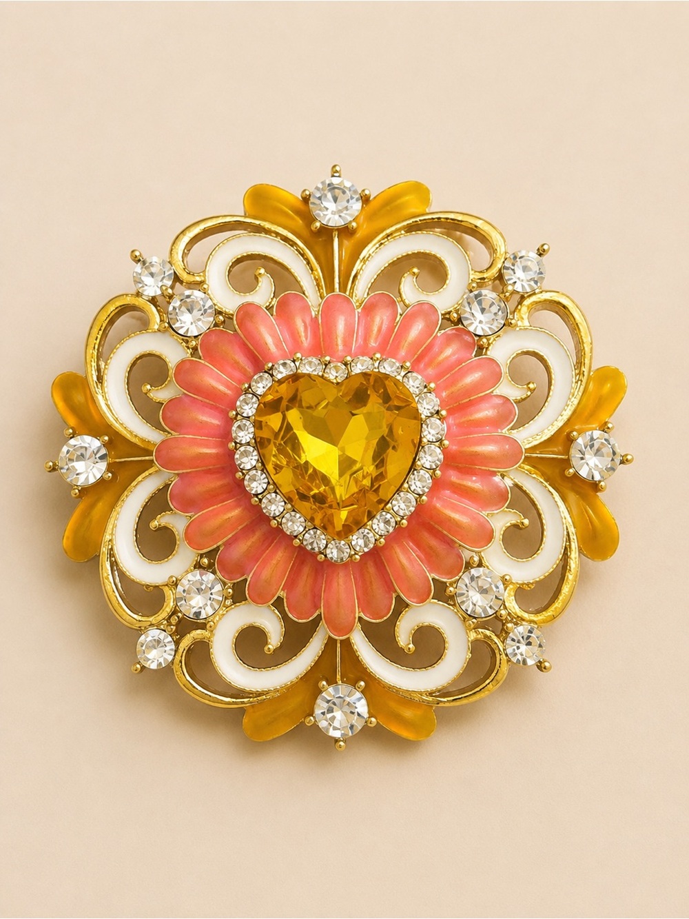 Gold-Tone Pink & Yellow Heart Floral Brooch